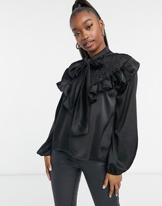 Атласная рубашка черного цвета с оборками и завязкой на воротнике Femme Luxe-Черный цвет
