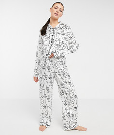 Удлиненный атласный пижамный комплект с абстрактным принтом с лицами Night-Белый