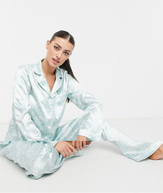 Удлиненный атласный пижамный комплект шалфейно-зеленого цвета с цветочным принтом Night-Зеленый цвет
