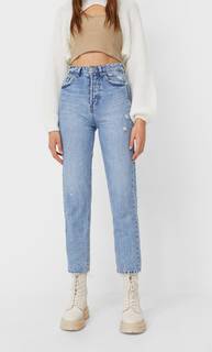 Stradivarius Джинсы Mom Fit Женская Коллекция Синий С Эффектом Потертости 34