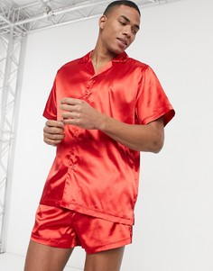 Красная атласная пижама с рубашкой и шортами ASOS DESIGN-Красный