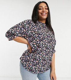 Темная блузка с цветочным принтом и высоким воротником Only Curve-Многоцветный