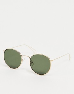 Солнцезащитные очки в круглой золотистой оправе с зелеными стеклами Weekday-Золотистый
