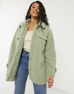 Шалфейно-зеленое пальто-рубашка из искусственного меха Threadbare Kaila-Кремовый