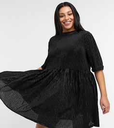 Велюровое платье мини с присборенной юбкой в рубчик и завязкой на спинке Urban Threads Curve-Черный цвет