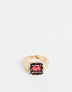 Золотистое кольцо-печатка с квадратным красным камнем и эмалевой каймой WFTW-Золотистый