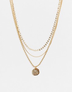 Золотистое ожерелье-цепочка в несколько рядов с подвеской в виде монетки Pieces-Золотистый