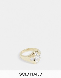 Позолоченное кольцо-печатка с мозаикой из камней с огранкой «багет» Luv AJ-Золотой