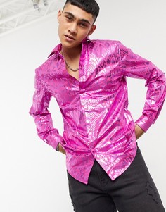 Ярко-розовая приталенная рубашка с фольгированным змеиным принтом Twisted Tailor-Розовый цвет