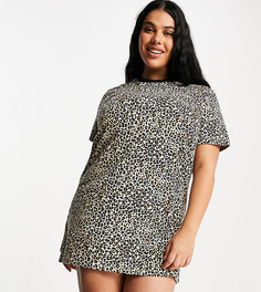 Платье-футболка с леопардовым принтом и контрастной окантовкой Brave Soul Plus Cola-Коричневый цвет