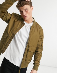 Бомбер цвета хаки с карманами Topman-Зеленый цвет