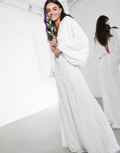 Свадебное платье с глубоким вырезом и цветочным узором ASOS EDITION-Белый