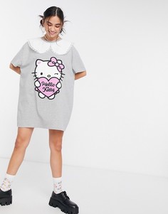 Платье-футболка в стиле oversized с контрастным винтажным воротником New Girl Order x Hello Kitty-Серый
