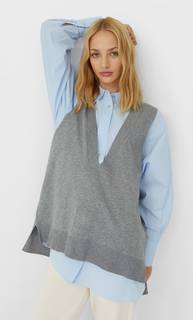 Stradivarius Жилет Оверсайз С V-Образным Вырезом Женская Коллекция Серый Средний Xs