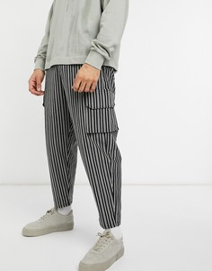 Фактурные суженные книзу oversized-джоггеры карго в полоску ASOS DESIGN-Черный цвет