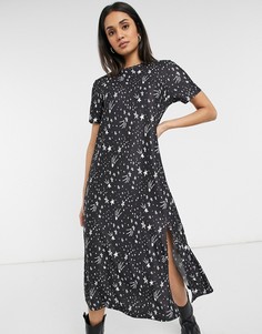 Черное oversized платье-футболка миди с космическим принтом Urban Threads-Черный цвет