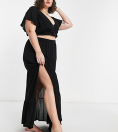 Ярусная пляжная юбка макси из жатой ткани черного цвета от комплекта ASOS DESIGN Curve-Черный цвет