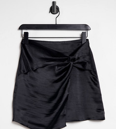 Блестящая атласная мини-юбка черного цвета с перекрученной отделкой ASOS DESIGN Petite-Черный цвет
