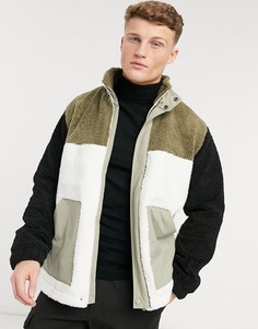 Плюшевая куртка цвета хаки со вставками Topman-Зеленый цвет