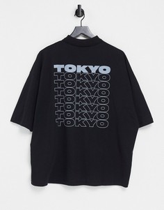 Черная oversized футболка-поло с вышивкой в виде рисунка на спине ASOS DESIGN-Черный цвет