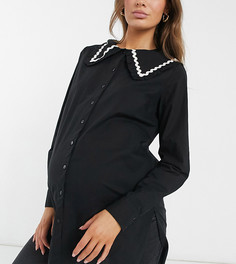 Черная удлиненная рубашка с крупным воротником Pieces Maternity-Черный цвет