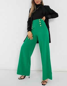 Зеленые классические брюки с широкими штанинами и пуговицами Flounce London-Зеленый цвет