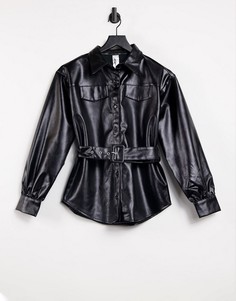 Черная рубашка из искусственной кожи с поясом Violet Romance-Черный цвет
