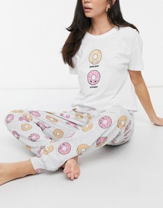 Белый пижамный комплект c принтом в виде пончика New Look