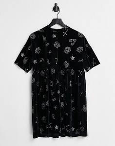 Велюровое платье мини с присборенной юбкой и блестящим зодиакальным принтом Urban Threads-Черный цвет