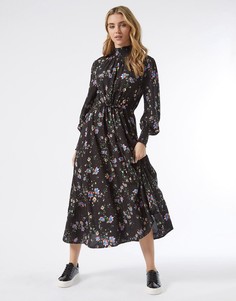 Черное присборенное платье миди с воротом и длинными рукавами Miss Selfridge-Черный цвет