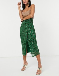 Зеленая юбка миди с запахом и леопардовым принтом от комплекта Never Fully Dressed-Зеленый цвет