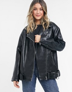 Черная удлиненная байкерская куртка из искусственной кожи в стиле oversized ASOS DESIGN-Черный цвет