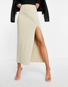 Бежевая трикотажная юбка миди с разрезом до бедра от комплекта Pretty Lavish-Бежевый