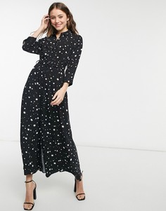 Платье-рубашка миди с длинными рукавами черного цвета и принтом звезд Style Cheat-Черный цвет