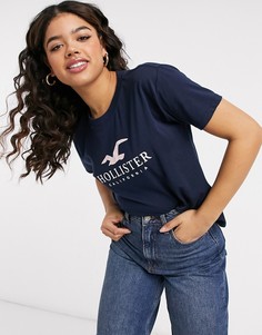 Темно-синяя футболка с короткими рукавами и логотипом Hollister Timeless-Темно-синий