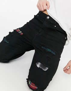 Черные рваные джинсы с отделкой шотландской клеткой Sixth June-Черный цвет