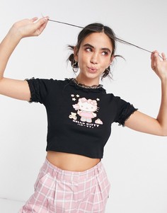 Укороченная футболка с оборками по краям и принтом "Fairy Kitty" New Girl Order x Hello Kitty-Черный цвет