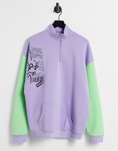 Оversized-свитшот с воротником-стойкой и принтом в стиле колор блок New Girl Order-Фиолетовый цвет