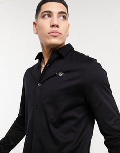 Черная хлопковая рубашка на пуговицах с длинными рукавами SikSilk-Черный цвет