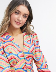 Блузка с пуговицами и радужным плиточным принтом от комплекта Never Fully Dressed-Многоцветный
