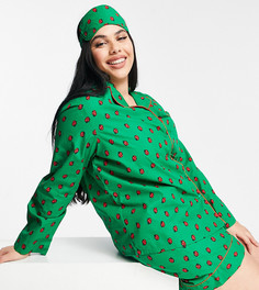 Пижамный комплект из рубашки с длинными рукавами, шорт и маски для сна с принтом божьих коровок Daisy Street Plus-Зеленый цвет