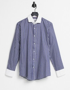 Темно-синяя рубашка узкого кроя в полоску с контрастным воротником Gianni Feraud-Темно-синий