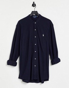 Темно-синяя приталенная рубашка из пике с воротником-стойкой и логотипом в виде игрока в поло Polo Ralph Lauren-Темно-синий