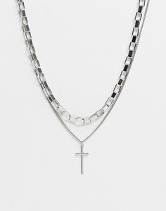 Серебристое ожерелье в два ряда с цепочкой и крестиком Bershka-Серебристый
