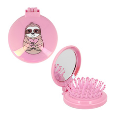 Расческа для волос MISS PINKY с зеркалом складная с принтом розовая ленивец