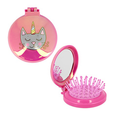 Расческа для волос MISS PINKY с зеркалом складная с принтом малиновый котик