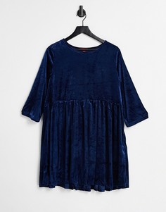Велюровое платье мини с присборенной юбкой темно-синего цвета Urban Threads-Темно-синий