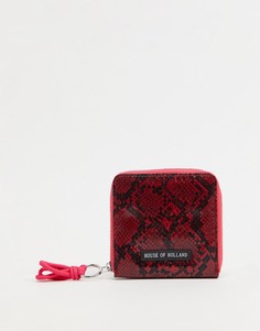 Красный кошелек со змеиным принтом и контрастной молнией с розовым бегунком House of Holland