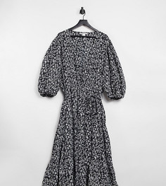 Платье миди с запахом, ярусной юбкой и мелким цветочным принтом в винтажном стиле Glamorous Curve-Черный цвет