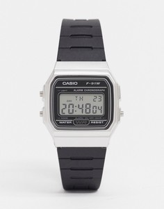 Цифровые часы в стиле унисекс с черным силиконовым ремешком и серебристым циферблатом Casio F91WM-7A-Черный